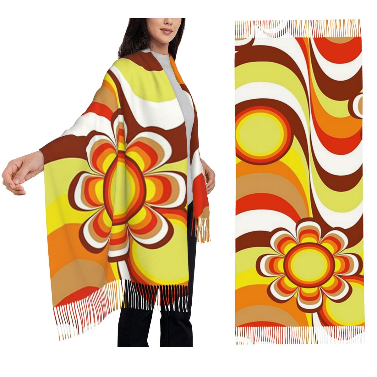 Women'S Fashion In The 60S - Groovy 60s Psychedelic Flower Scarf Tassel