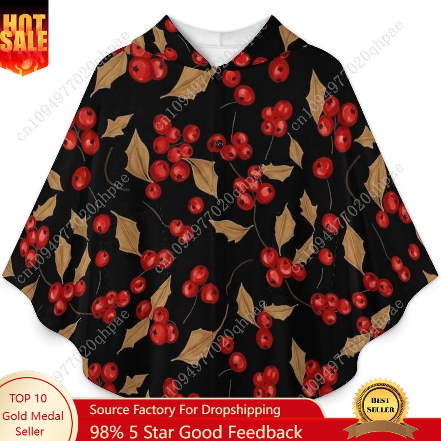 Hoodie Women Oversized - Cozy Flannel Blanket Sweater,Red Berries Black