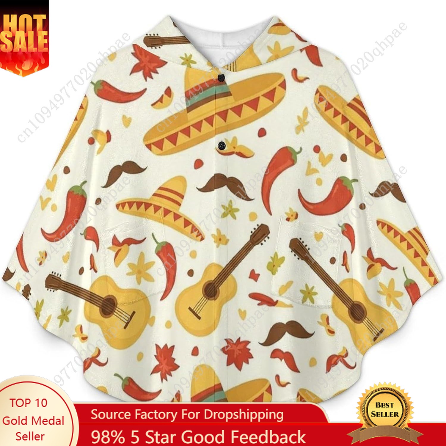 Hoodie Women Oversized - Cozy Flannel Blanket Sweater,Mexican Theme Guitar