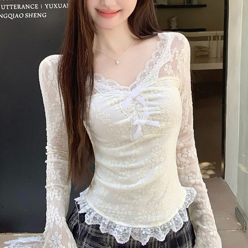 Women Top Fashion - Women Long Sleeved T-shirt V-neck Lace