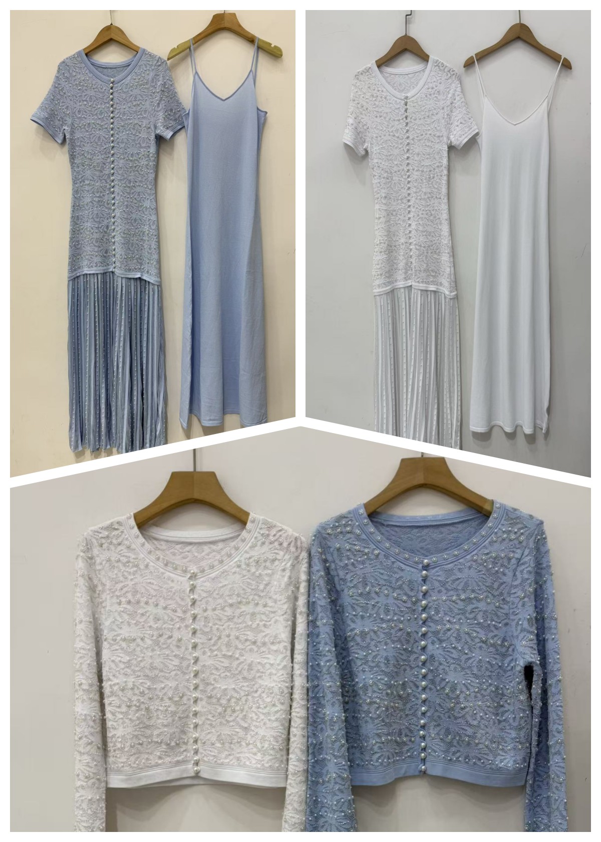 Longline Cardigan Knit - Women Hook Flower Hollow Set Blue/White