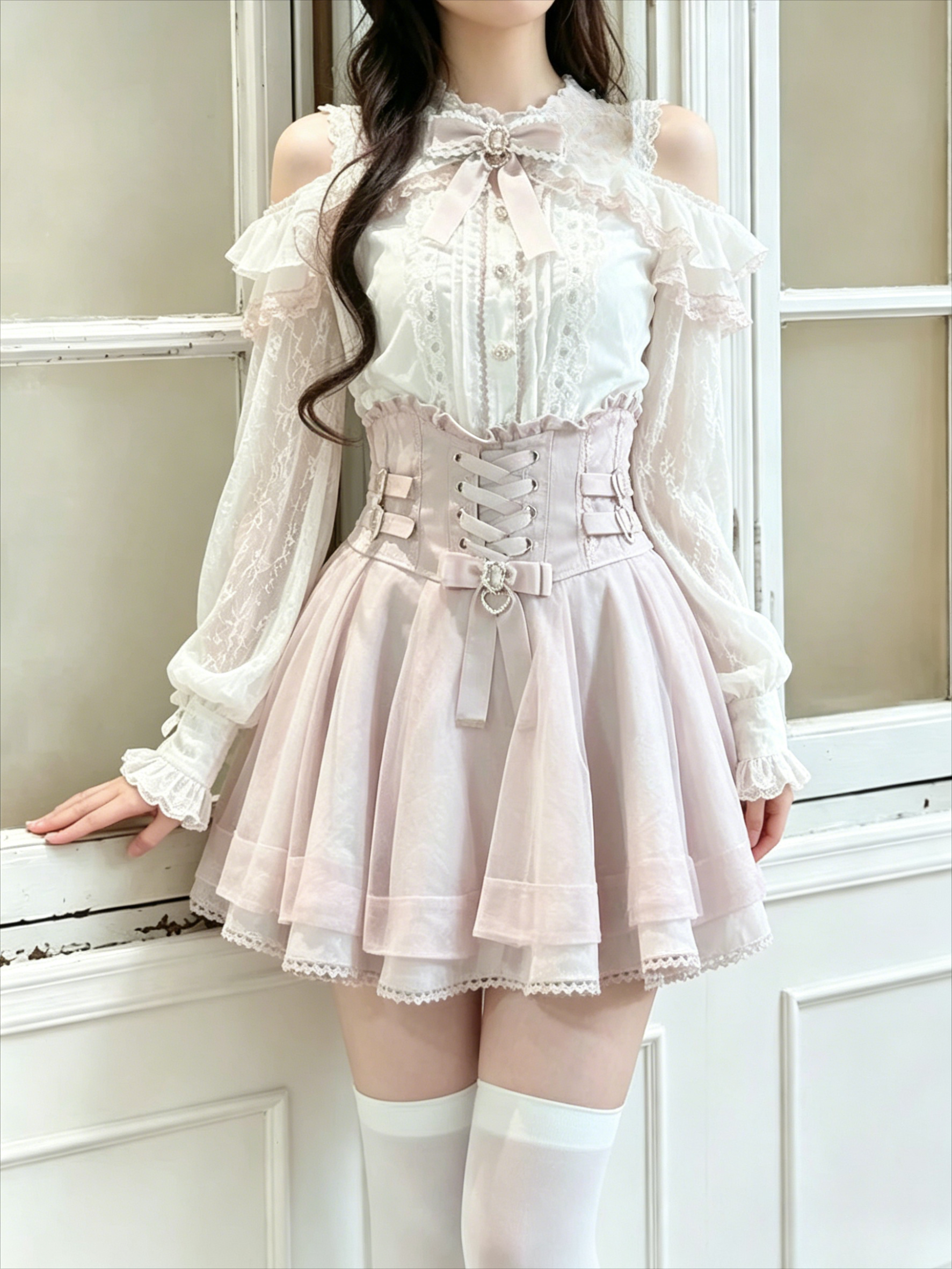 Longline Cardigan Knit - Japanese Sweet Lolita Women Bowknot Ruffle