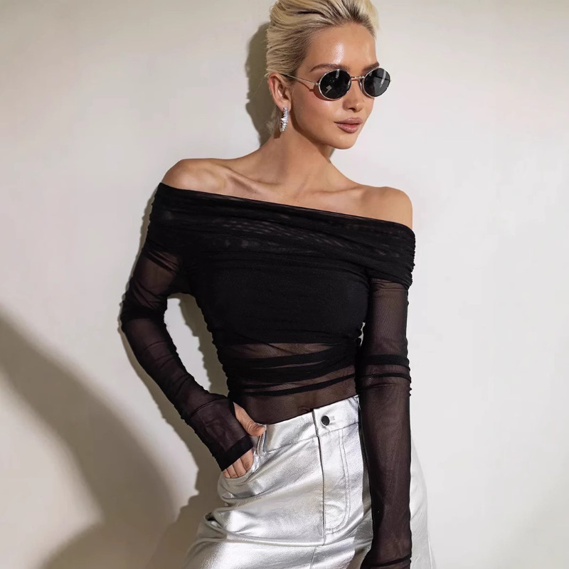 Women  Mesh Off Shoulder Top S - Women Top Fashion のレビューと価格