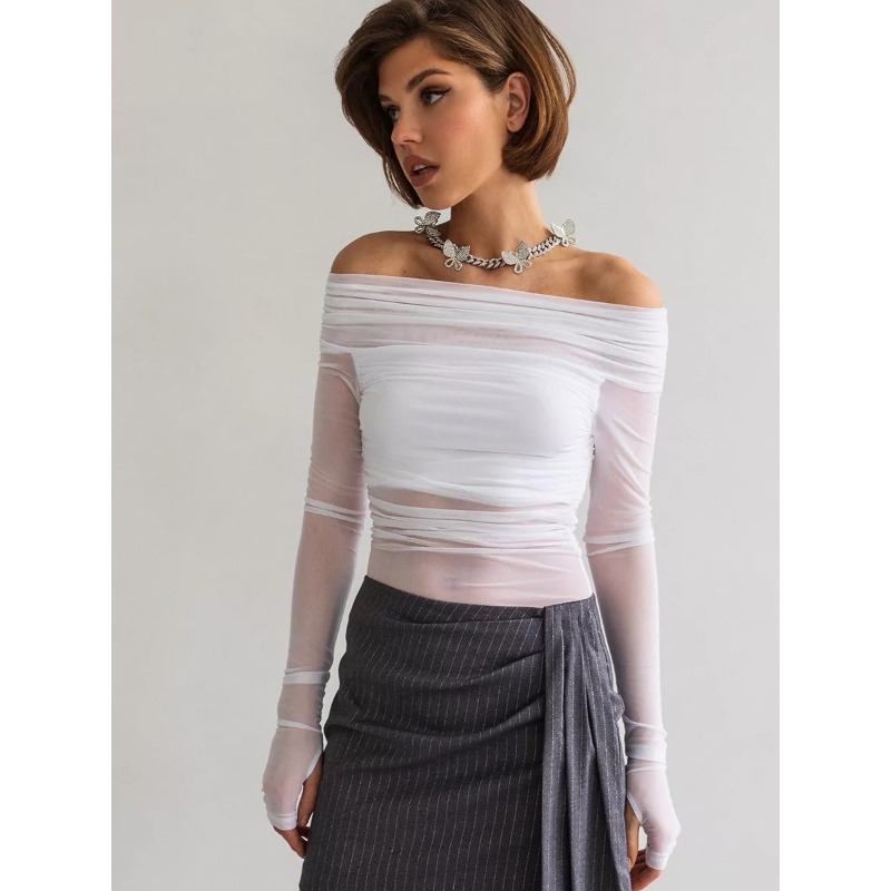Women  Mesh Off Shoulder Top S - Women Top Fashion のレビューと価格