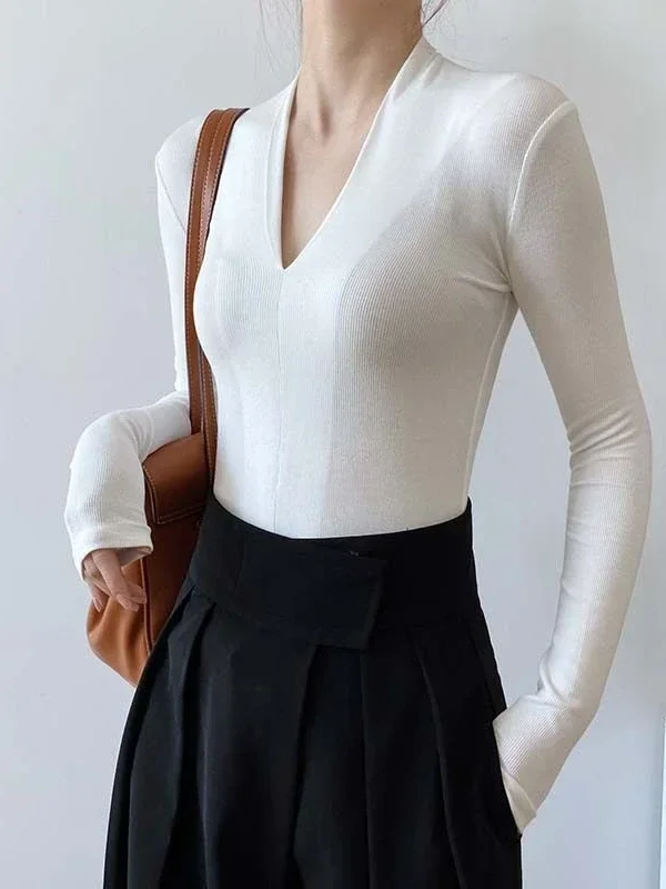V-neck Slim Shirts Long Sleeve - Women Top Fashion のレビューと価格