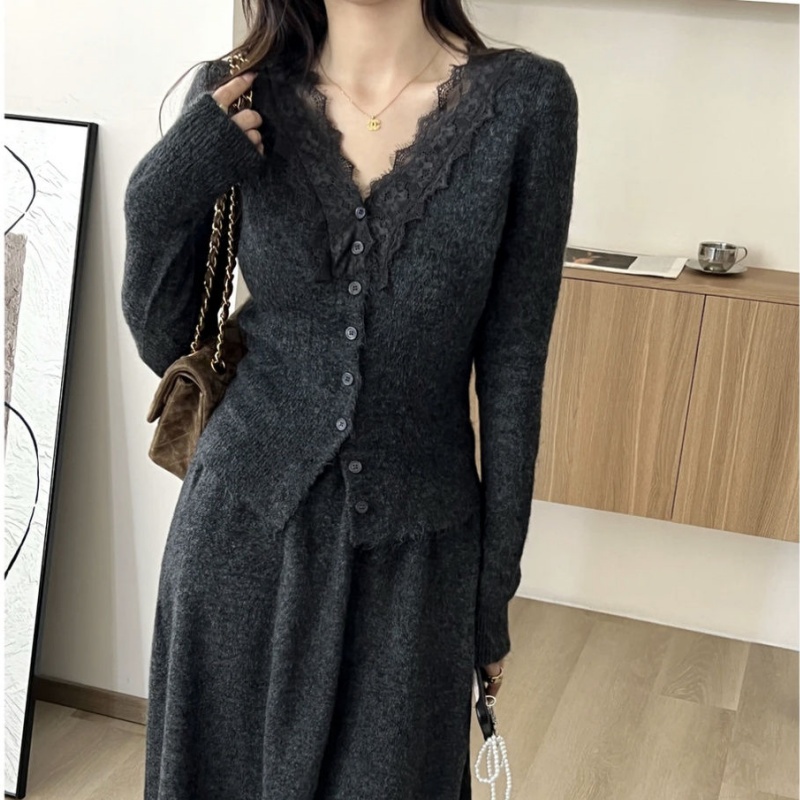 Korean Lace Long-sleeved Knitt - Longline Cardigan Knit のレビューと価格