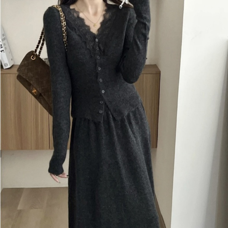 Korean Lace Long-sleeved Knitt - Longline Cardigan Knit のレビューと価格
