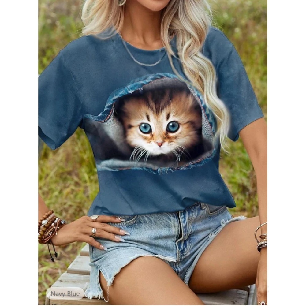 Funny Cat 3D Print Graphic T s - Women'S Fashion Designer Clothes のレビューと価格