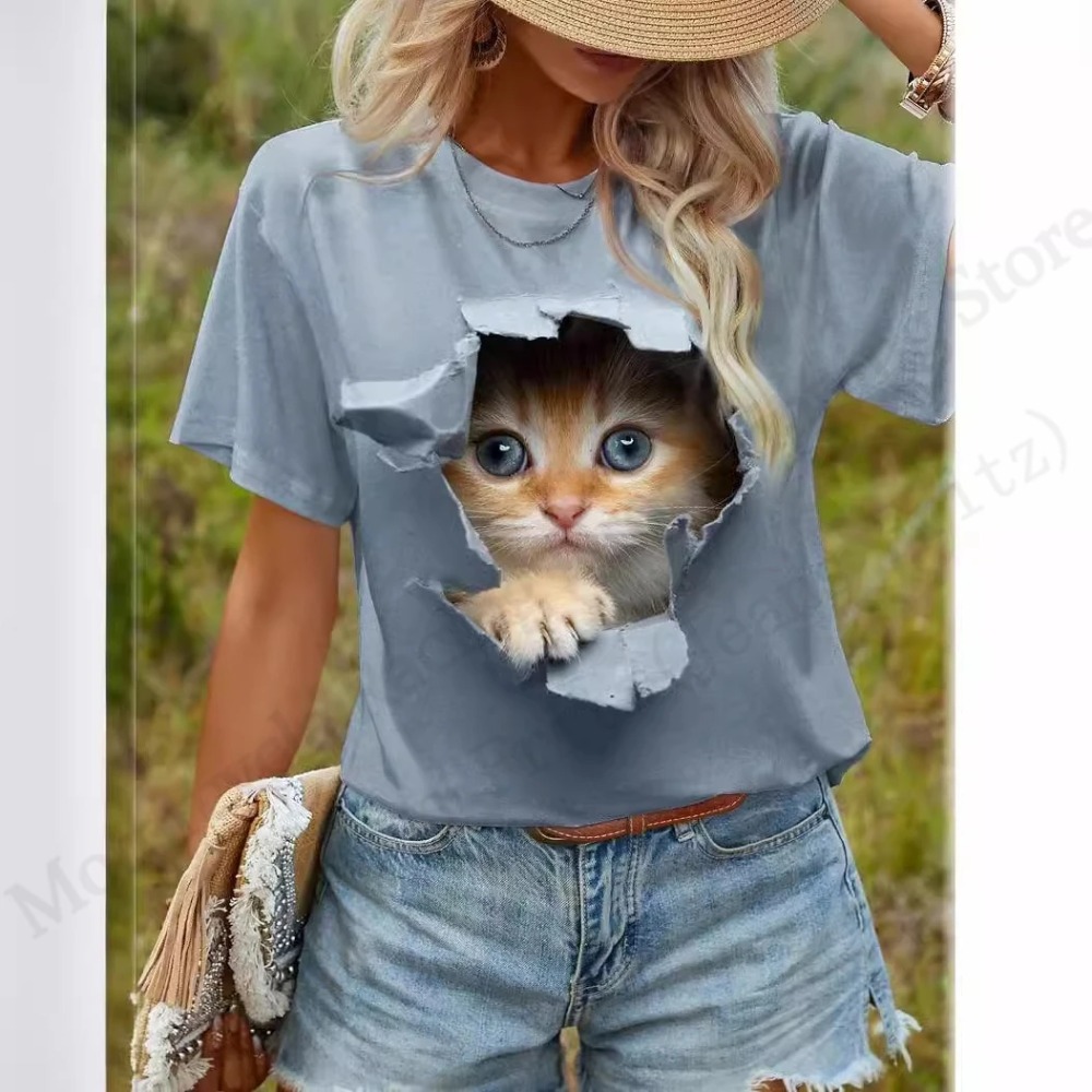 Funny Cat 3D Print Graphic T s - Women'S Fashion Designer Clothes のレビューと価格