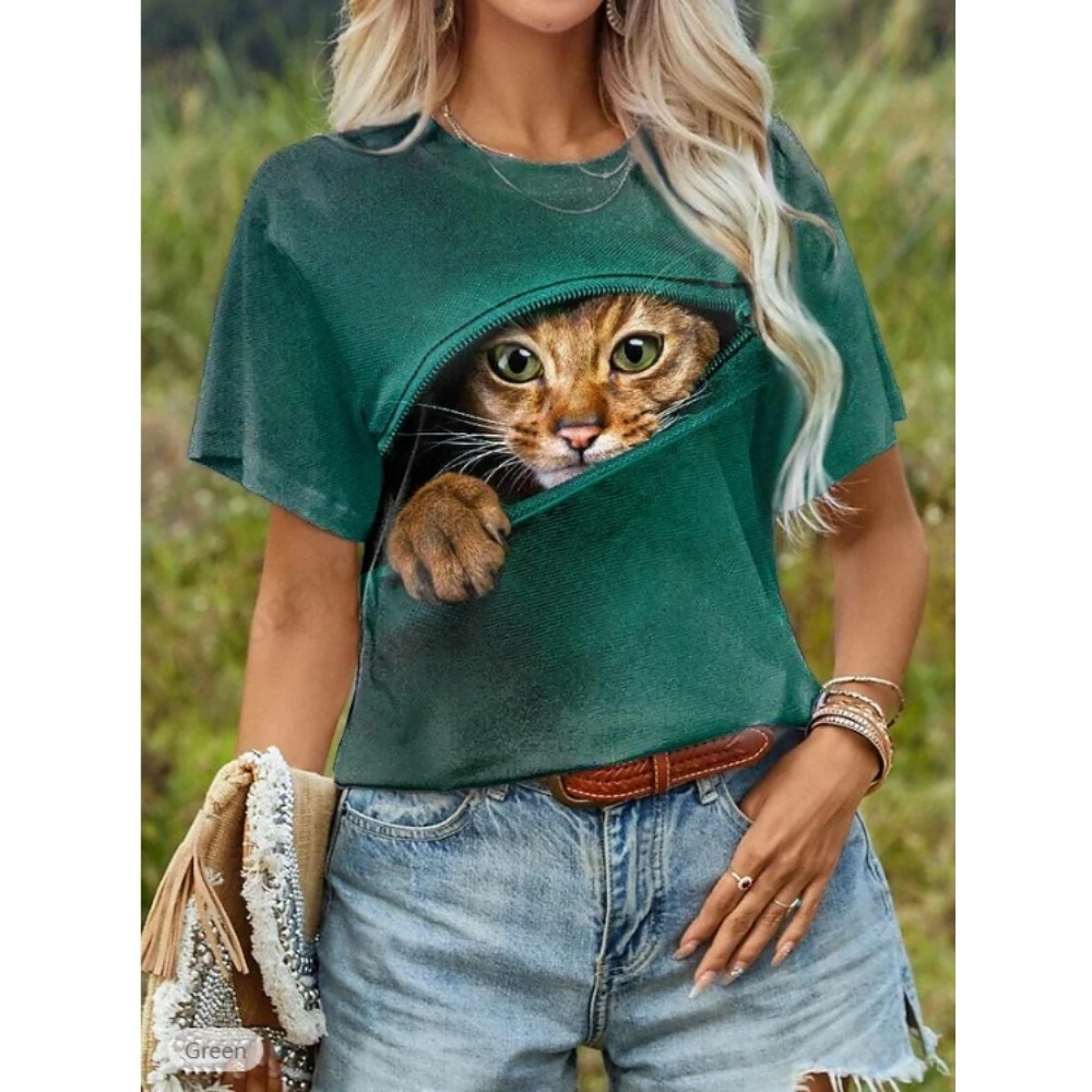 Funny Cat 3D Print Graphic T s - Women'S Fashion Designer Clothes のレビューと価格