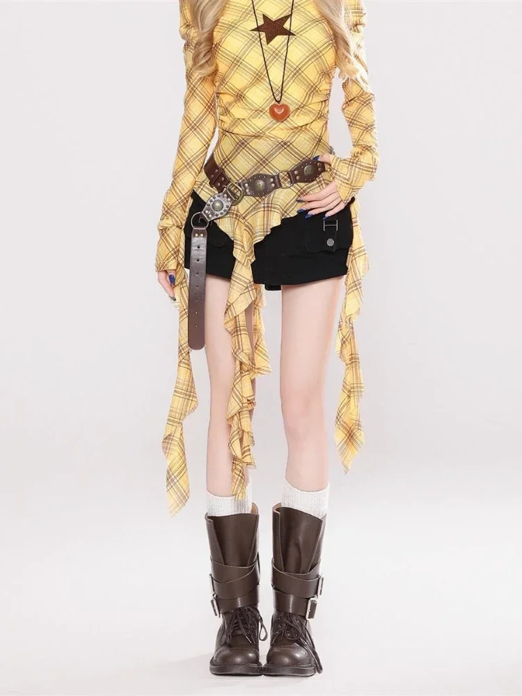 Y2K Plaid Slash Neck Vintage T - Women Top Fashion のレビューと価格