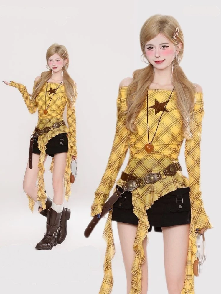 Y2K Plaid Slash Neck Vintage T - Women Top Fashion のレビューと価格