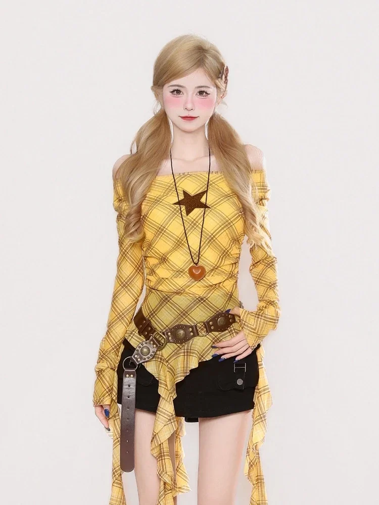 Y2K Plaid Slash Neck Vintage T - Women Top Fashion のレビューと価格