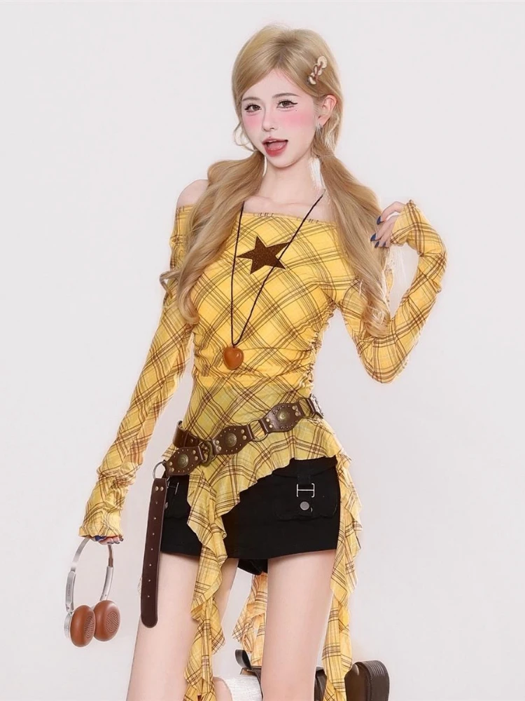 Y2K Plaid Slash Neck Vintage T - Women Top Fashion のレビューと価格