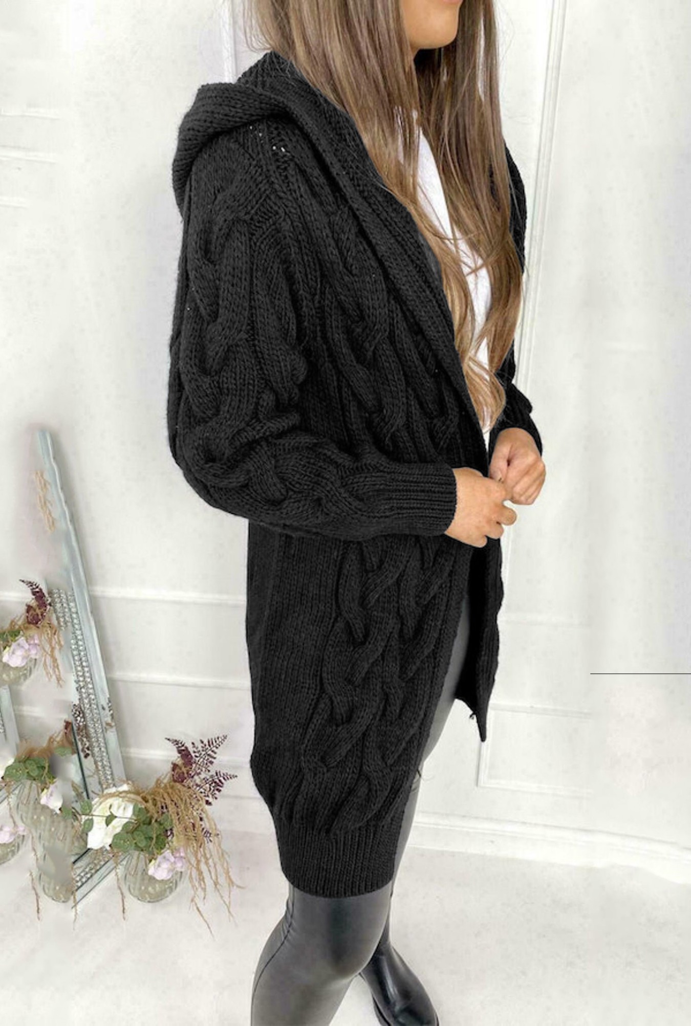Women's Black Oversized Cable  - Longline Cardigan Knit のレビューと価格
