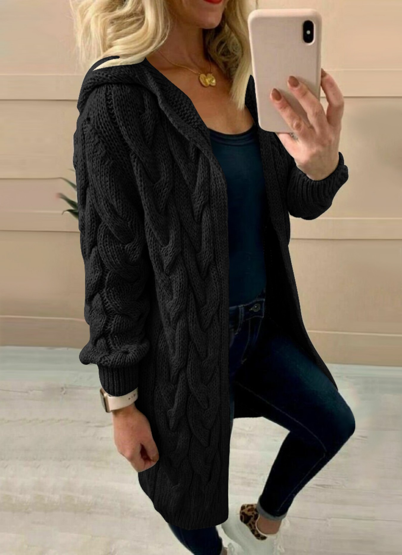 Women's Black Oversized Cable  - Longline Cardigan Knit のレビューと価格