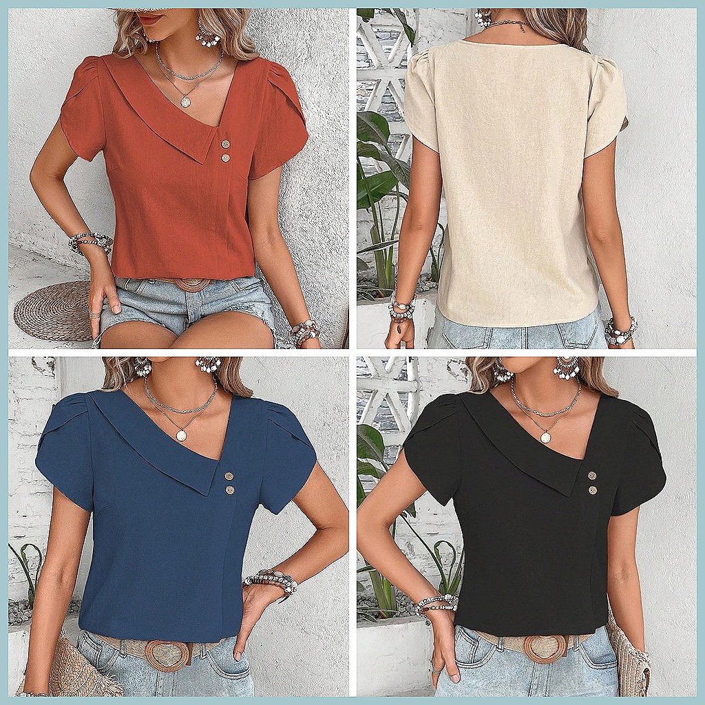 2024 Summer Vintage Solid Colo - Women Top Fashion のレビューと価格